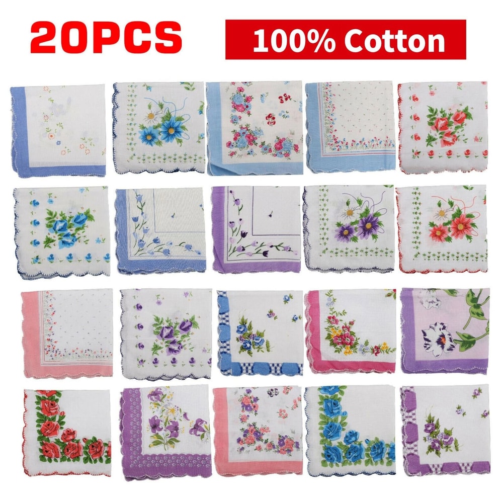 Classic Cotton Lady Handkerchiefs Vintage Floral Pocket Squares For Women 6
