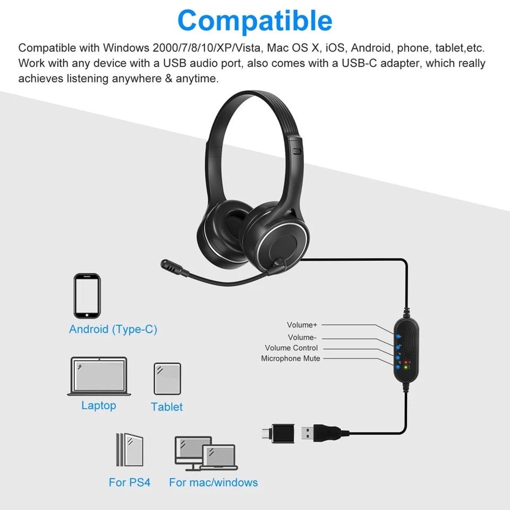 USB Headset With Noise Cancelling Microphone Stereo Sound For PC And Laptop 3