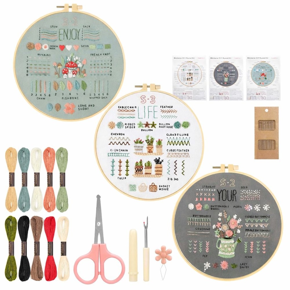 Complete Embroidery Starter Kit For Beginners DIY Cross Stitch Craft Set With Floral Patterns 0