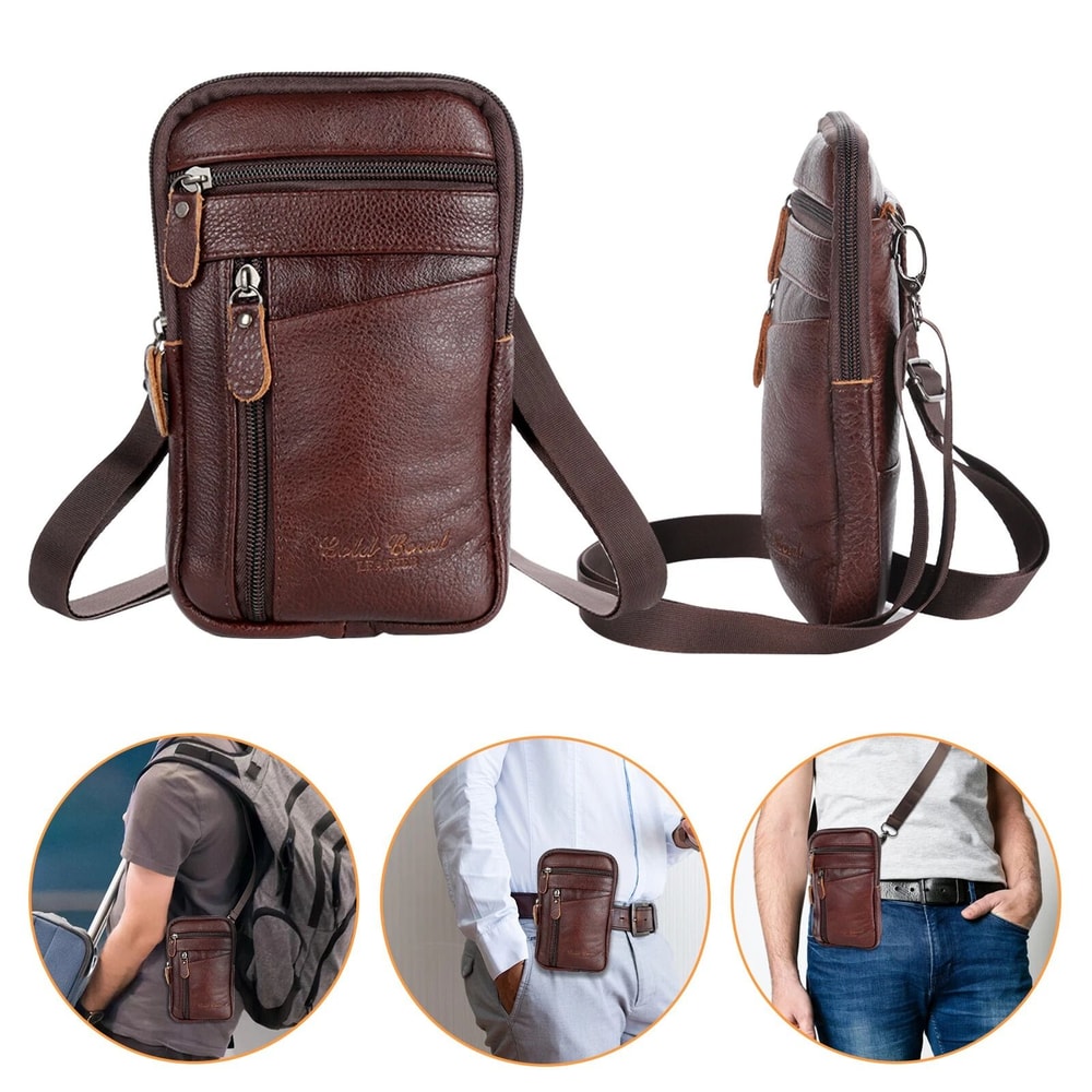 Premium Men Leather Phone Pouch MultiPocket Crossbody Belt Bag For Smartphones 1