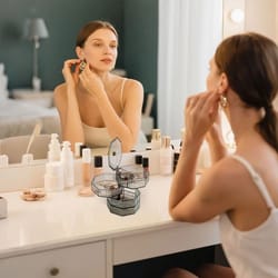 rotating jewelry organizer with drawers – compact storage box for rings, earrings, makeup