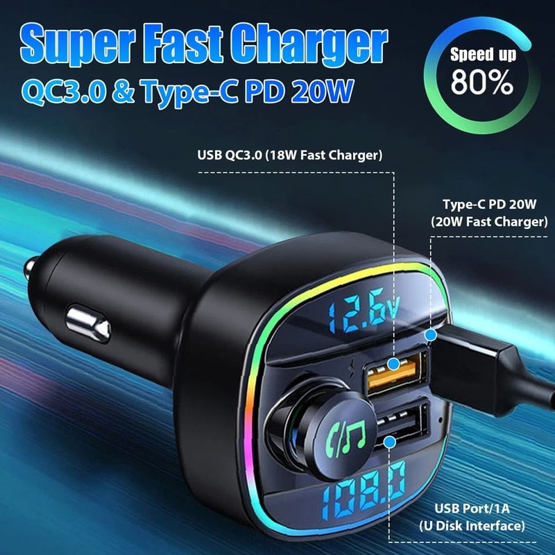 Bluetooth Car Wireless FM Transmitter Adapter USB PD Charger HandsFree Car Music Streaming 7