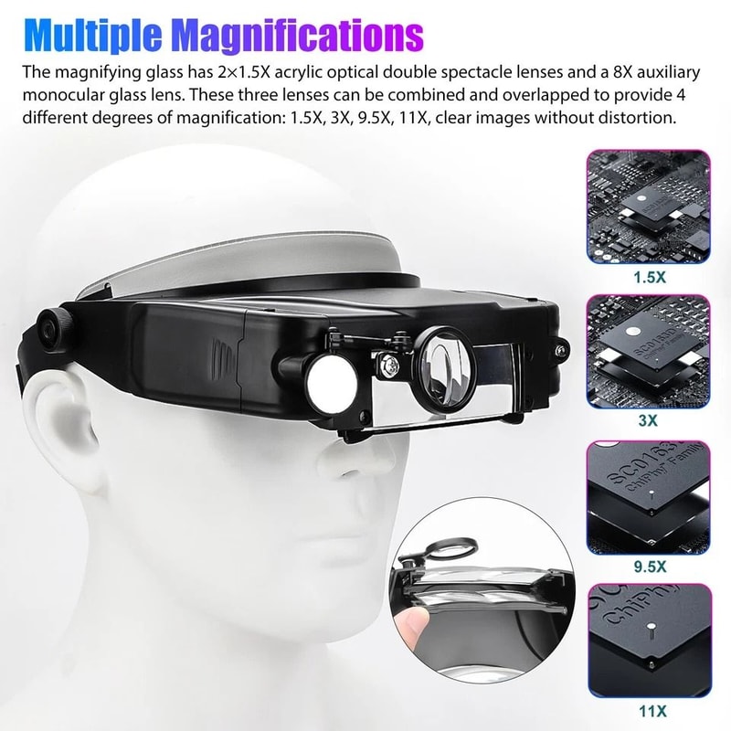 Headband Magnifier With LED Lights Adjustable Magnification For Jewelry Painting And Repairs 5