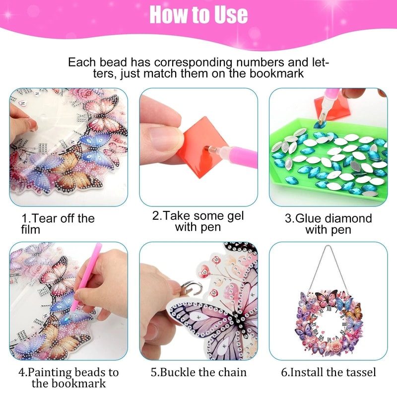 DIY Diamond Painting Clock Pendant Kit Butterfly Flower Acrylic Hanging Art 3