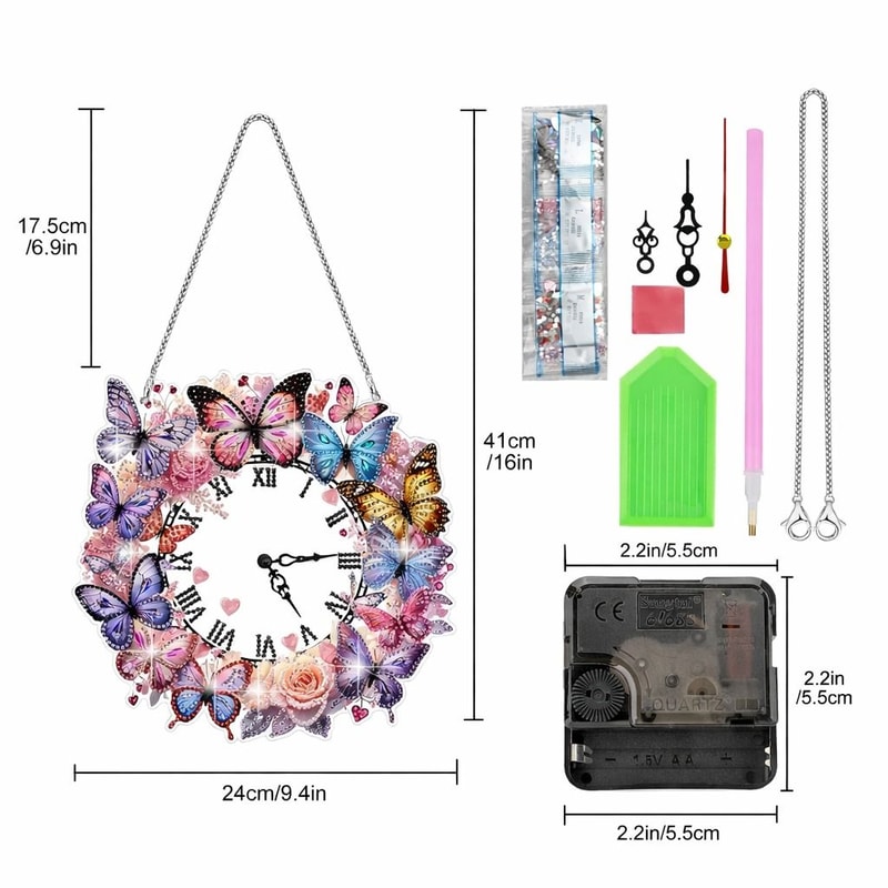 DIY Diamond Painting Clock Pendant Kit Butterfly Flower Acrylic Hanging Art 5
