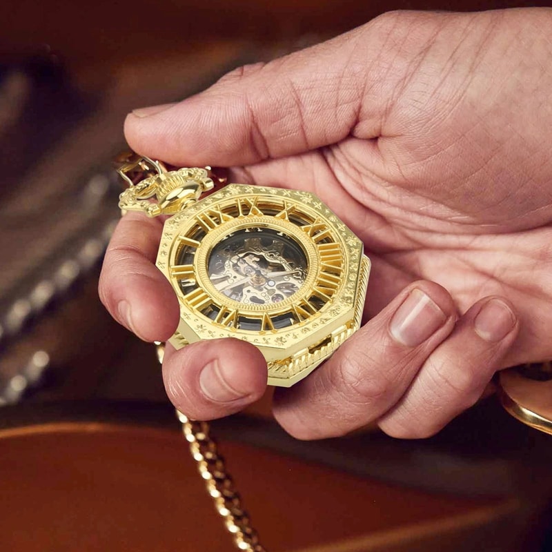 Antique Mechanical Pocket Watch For Men Octagon Skeleton Dial Luxury Classic Timepiece 4