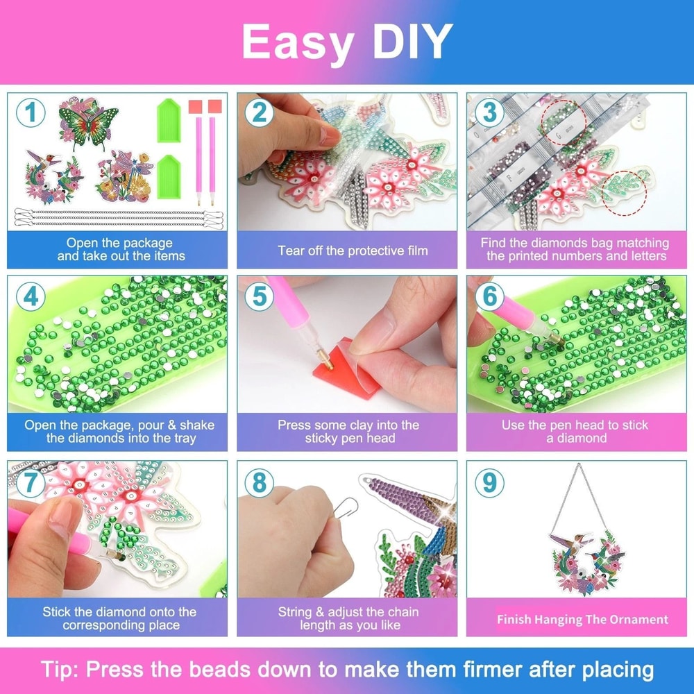 DIY Diamond Painting Ornaments Hanging Set Butterfly Dragonfly Hummingbird Art Decor 2