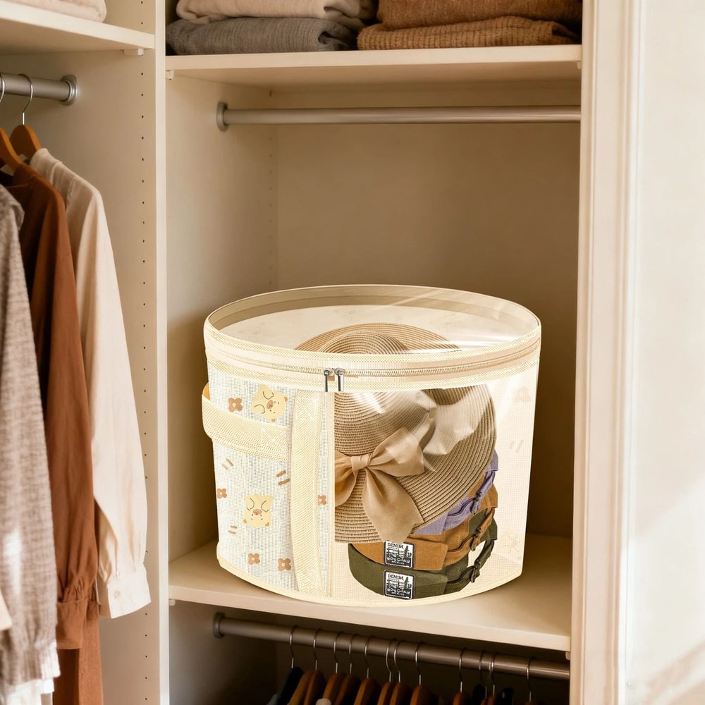 Round Hat Storage Box With Clear Window NonWoven Fabric Organizer With Zipper For Hats Scarves Mo 0