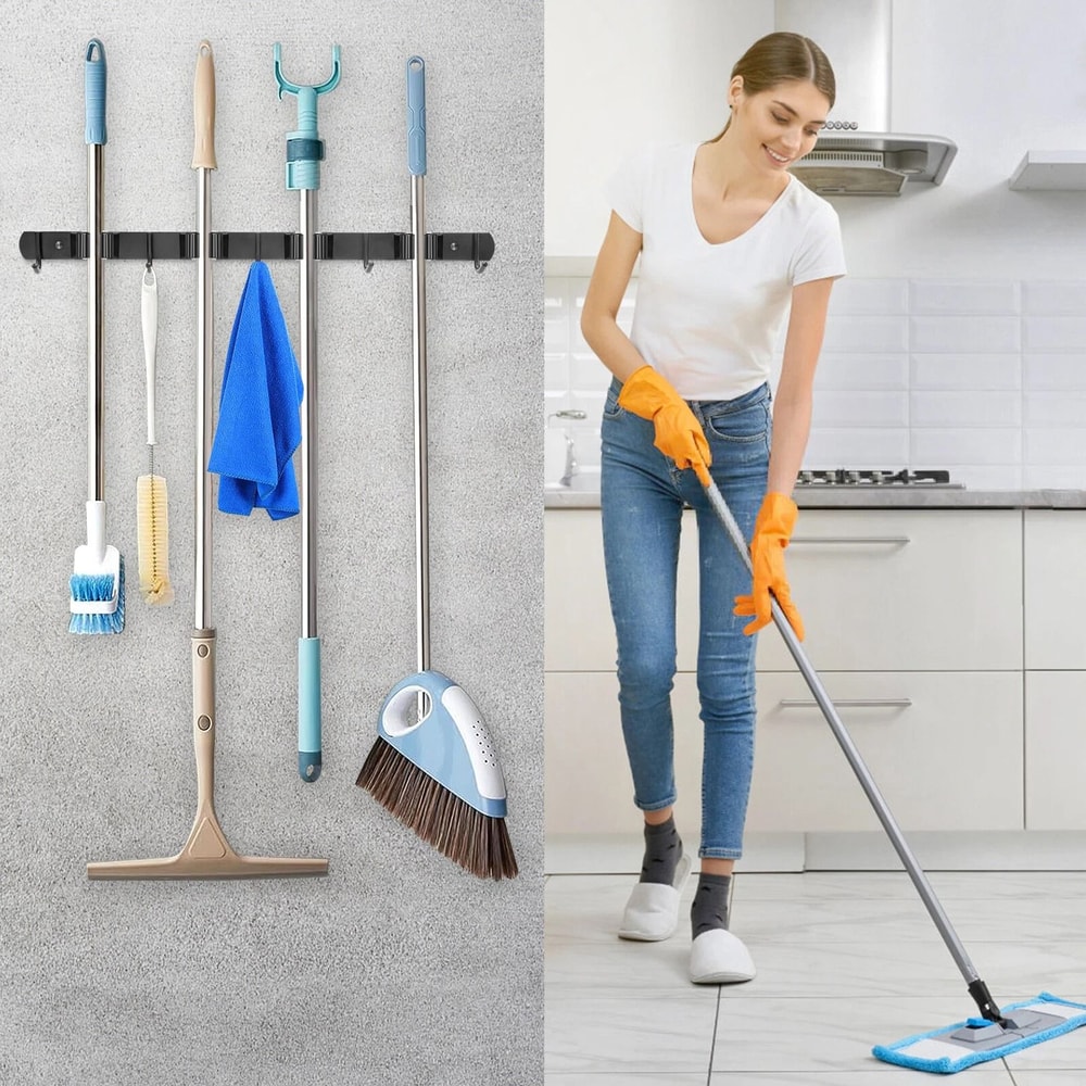 Wall Mount Broom Hanger Mop Holder Kitchen Garden Laundry And Garage Organizer Rack 2