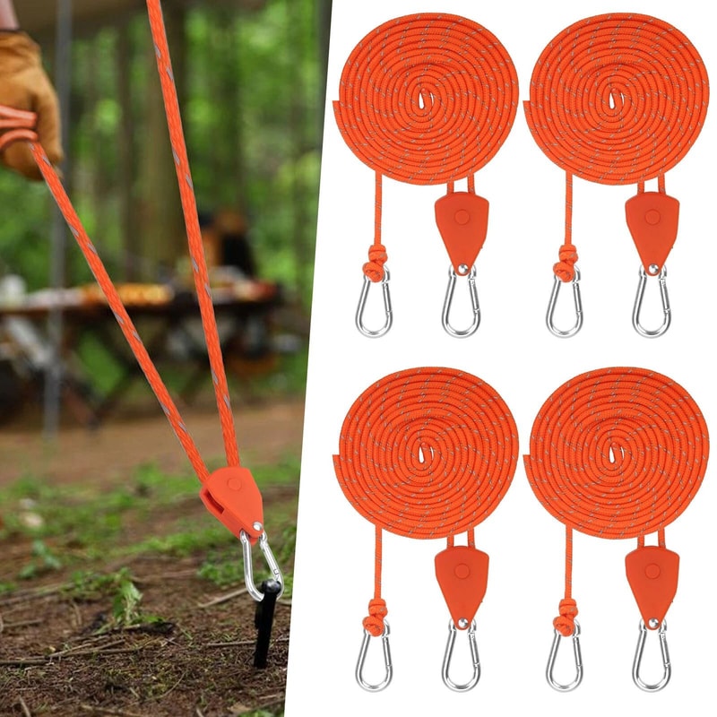 Tent Rope Pulley Kit With Reflective Cord And Adjustable Ratchet Hanger Camping And DIY Use 6
