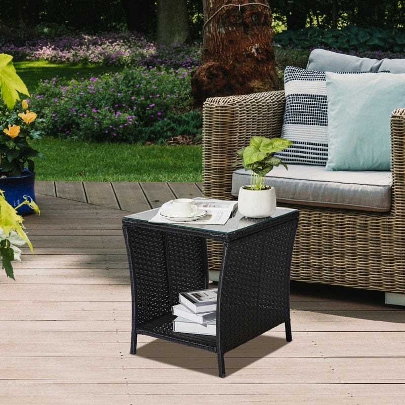 Elegant Side Tea Table With Tempered Glass Perfect For Patio And Garden Spaces 0