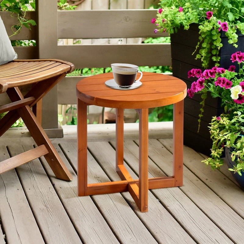 Elegant Wooden Round Side Table For Indoor Outdoor Spaces Teak Finish Compact Coffee Table 1