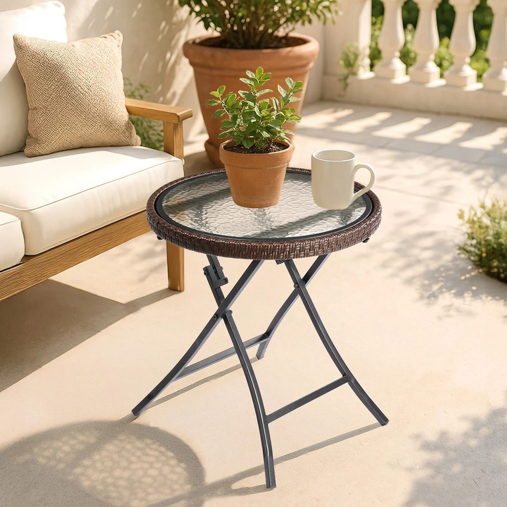 Foldable Round Patio Table Small Wicker Garden Table For Outdoor Indoor Use 1