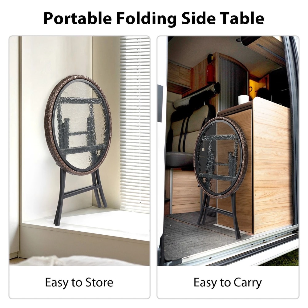 Foldable Round Patio Table Small Wicker Garden Table For Outdoor Indoor Use 4