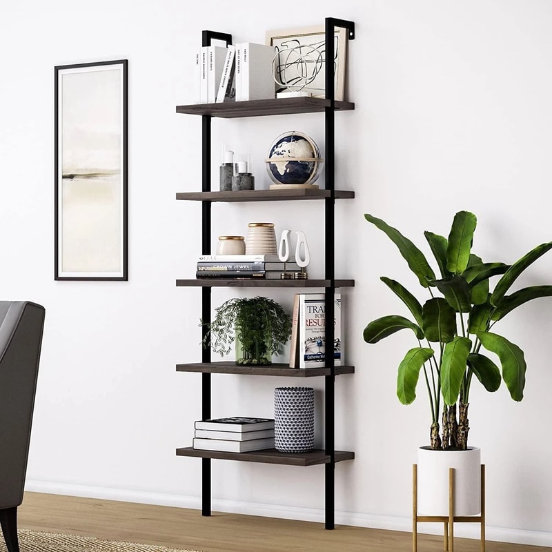 Modern Ladder Bookshelf Wall Mount Shelving Unit Sturdy Storage 0
