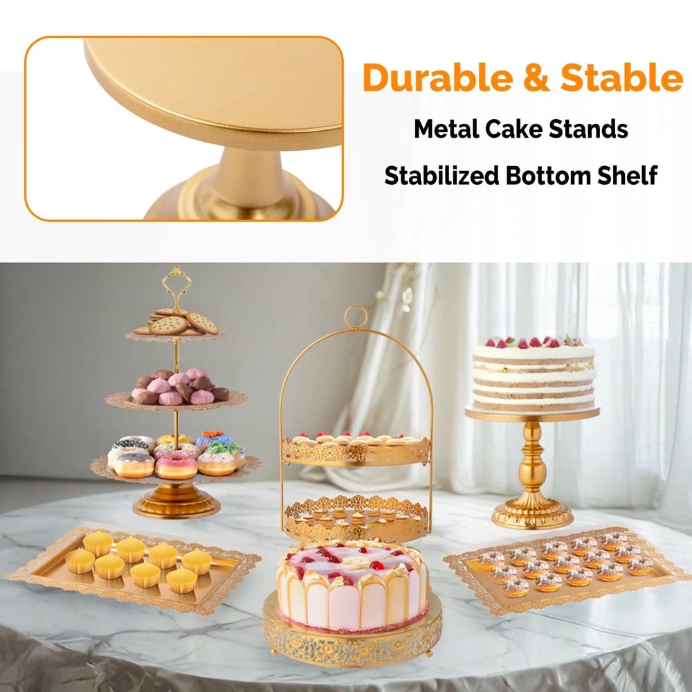 Gold Cake Stand Tower Set Elegant Serving Platters For Weddings Durable Metal 3