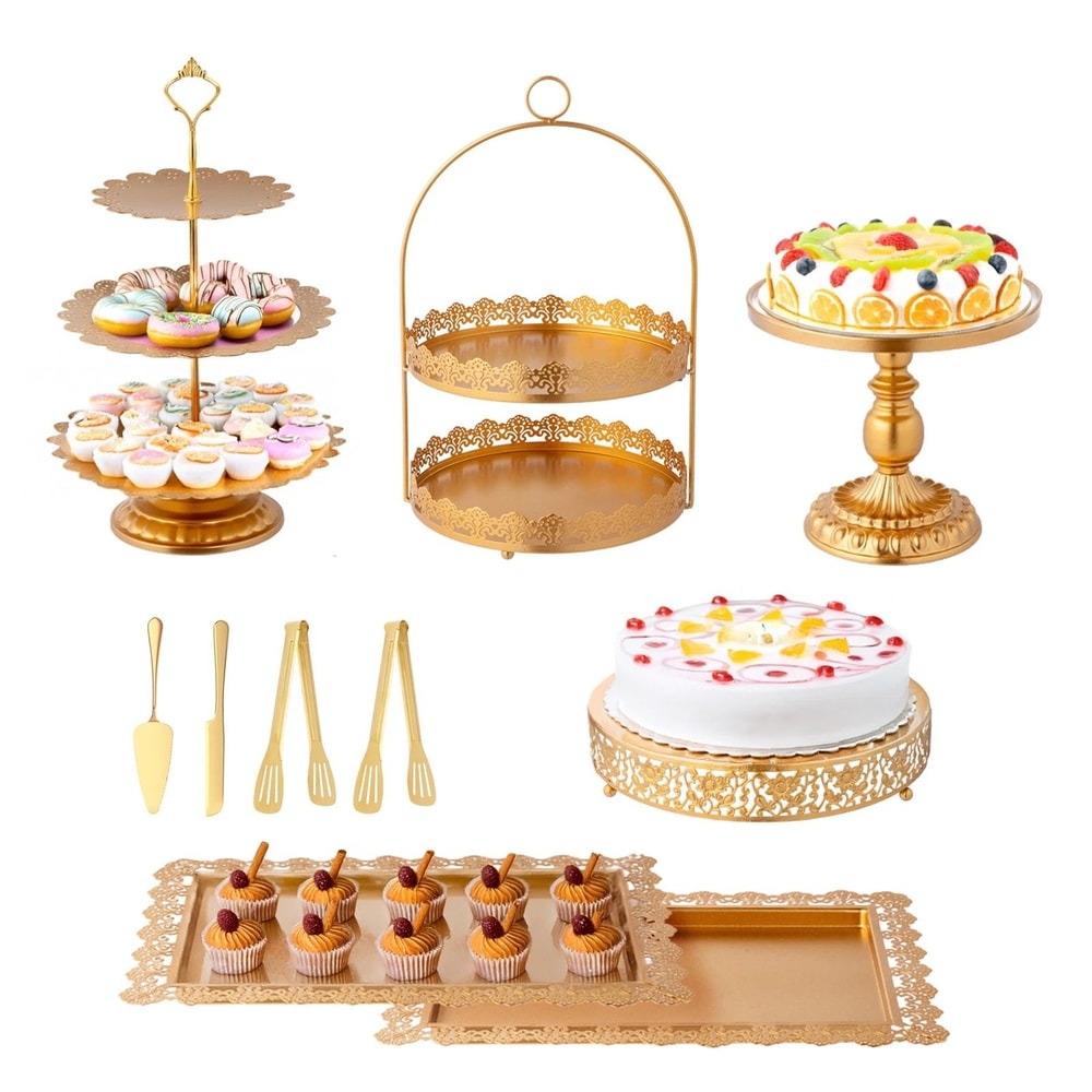 Gold Cake Stand Tower Set Elegant Serving Platters For Weddings Durable Metal 6
