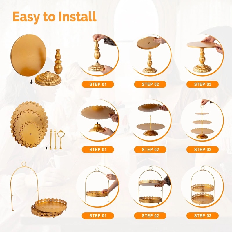 Gold Cake Stand Tower Set Elegant Serving Platters For Weddings Durable Metal 5