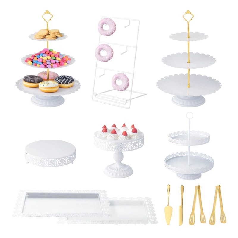 Elegant White Tiered Cake Stand Set Metal Dessert Display For Weddings And Parties 6