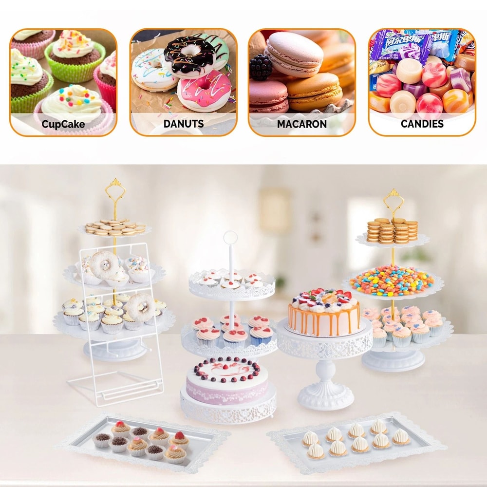 Elegant White Tiered Cake Stand Set Metal Dessert Display For Weddings And Parties 3