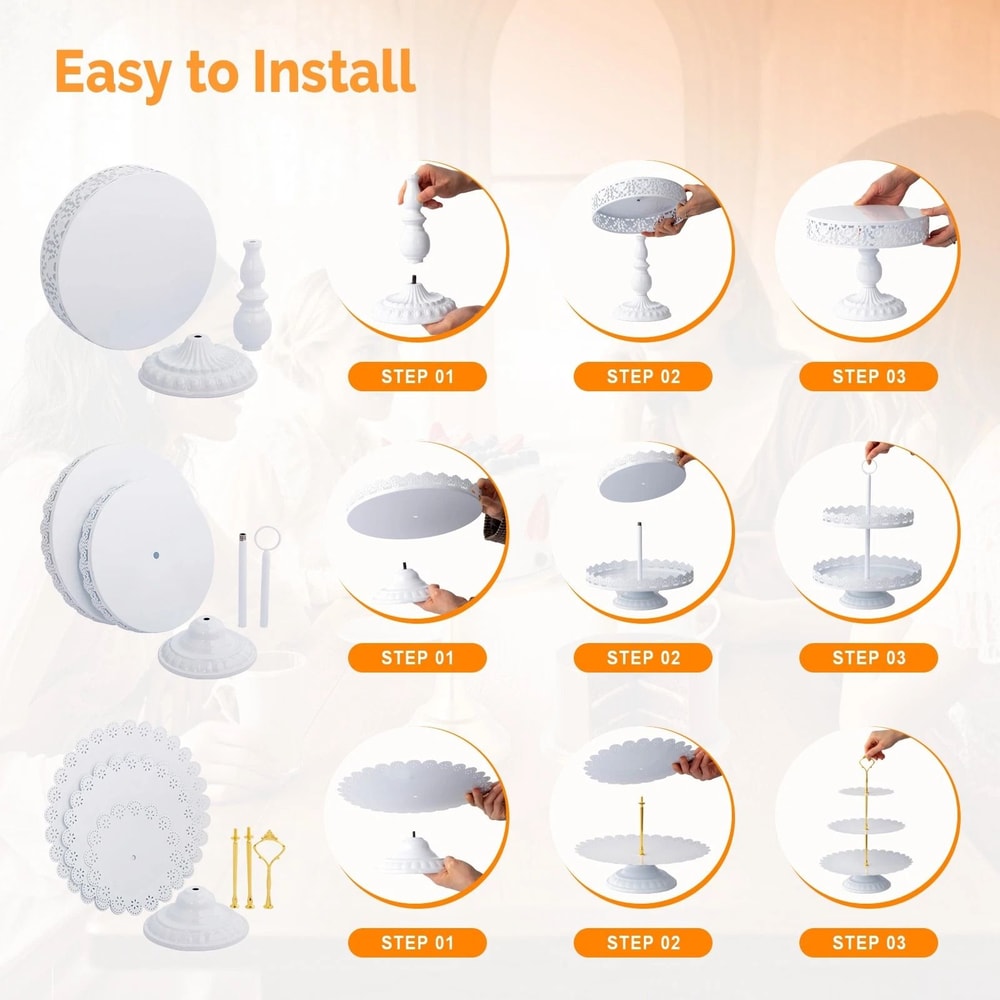Elegant White Tiered Cake Stand Set Metal Dessert Display For Weddings And Parties 4