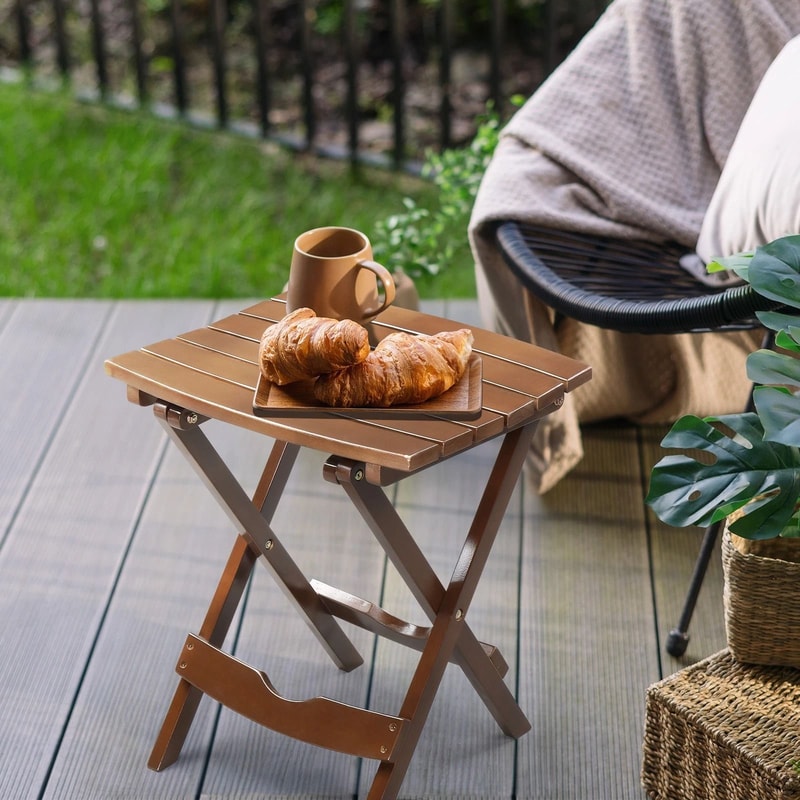 Round Wooden Folding Side Table Solid Wood End Coffee Table For Indoor Outdoor Use 0
