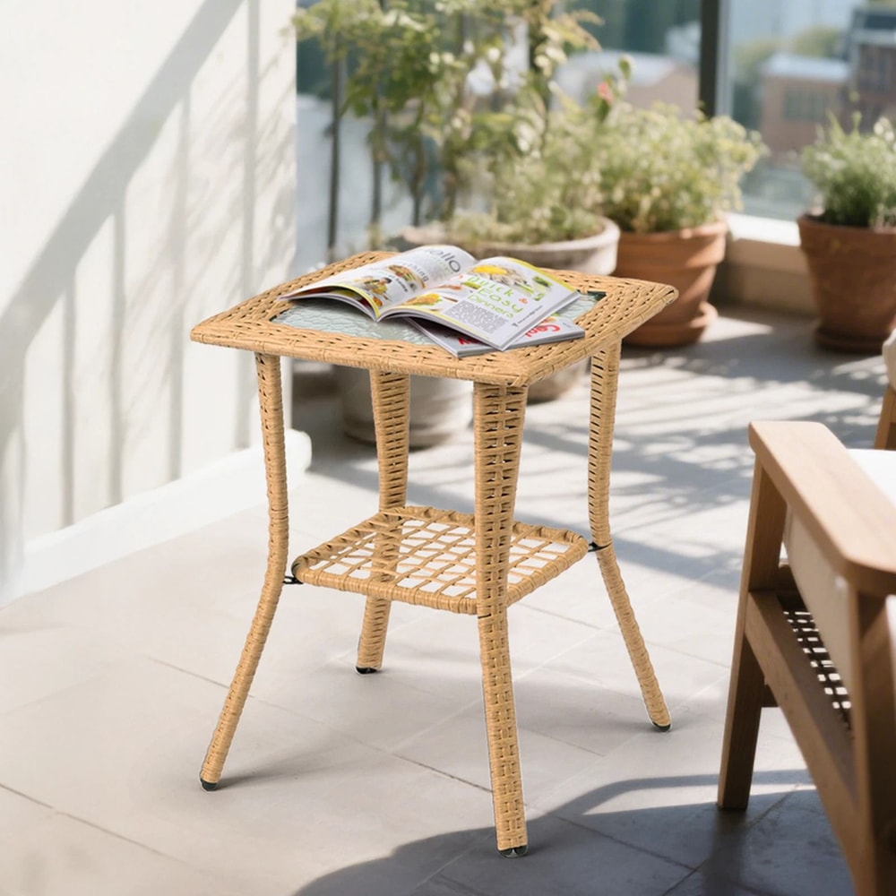Portable Wicker Side Table With Glass Top Indoor Outdoor AllWeather Furniture 0