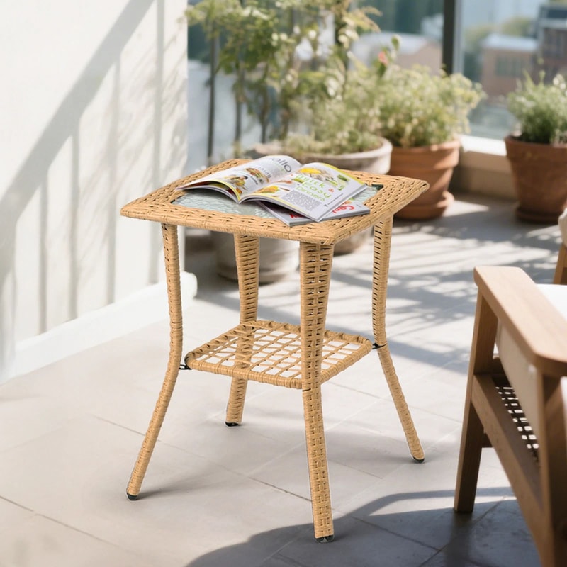Portable Wicker Side Table With Glass Top Indoor Outdoor AllWeather Furniture 0