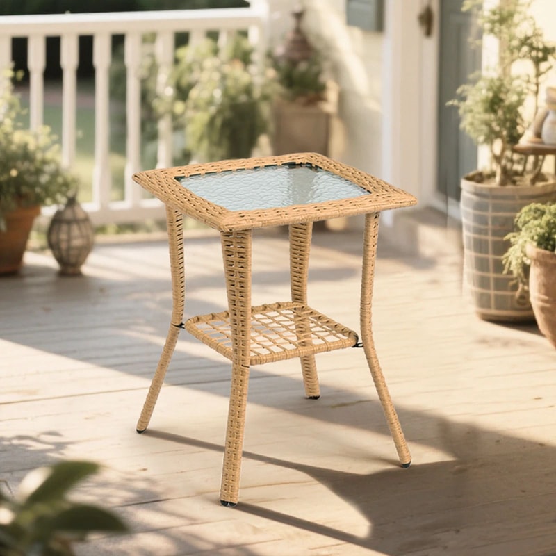 Portable Wicker Side Table With Glass Top Indoor Outdoor AllWeather Furniture 1