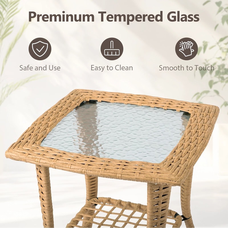 Portable Wicker Side Table With Glass Top Indoor Outdoor AllWeather Furniture 3
