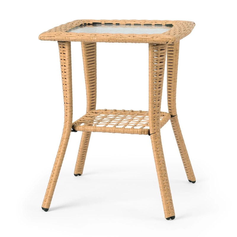 Portable Wicker Side Table With Glass Top Indoor Outdoor AllWeather Furniture 4