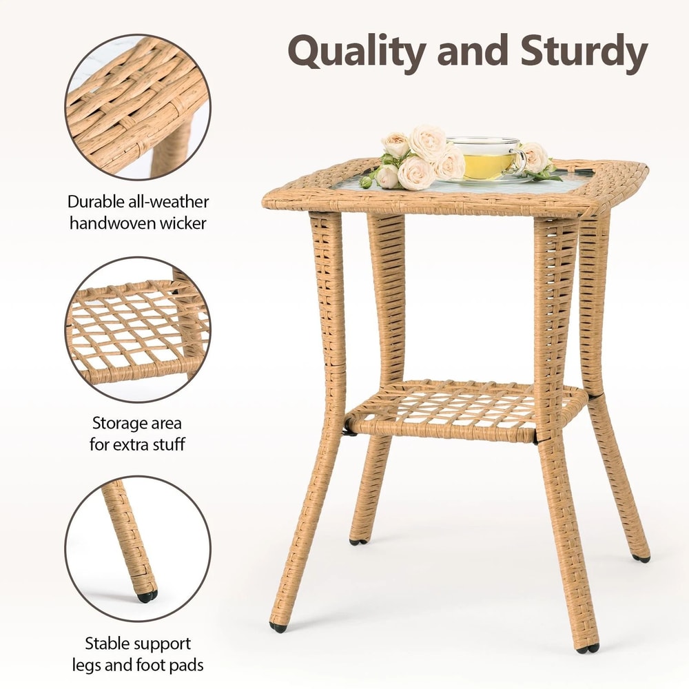 Portable Wicker Side Table With Glass Top Indoor Outdoor AllWeather Furniture 5