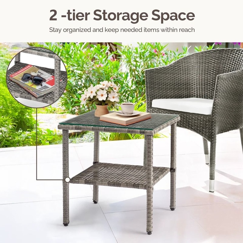 Outdoor Wicker Coffee Table With Glass Top Square Patio End Table For Indoor Outdoor Spaces 2