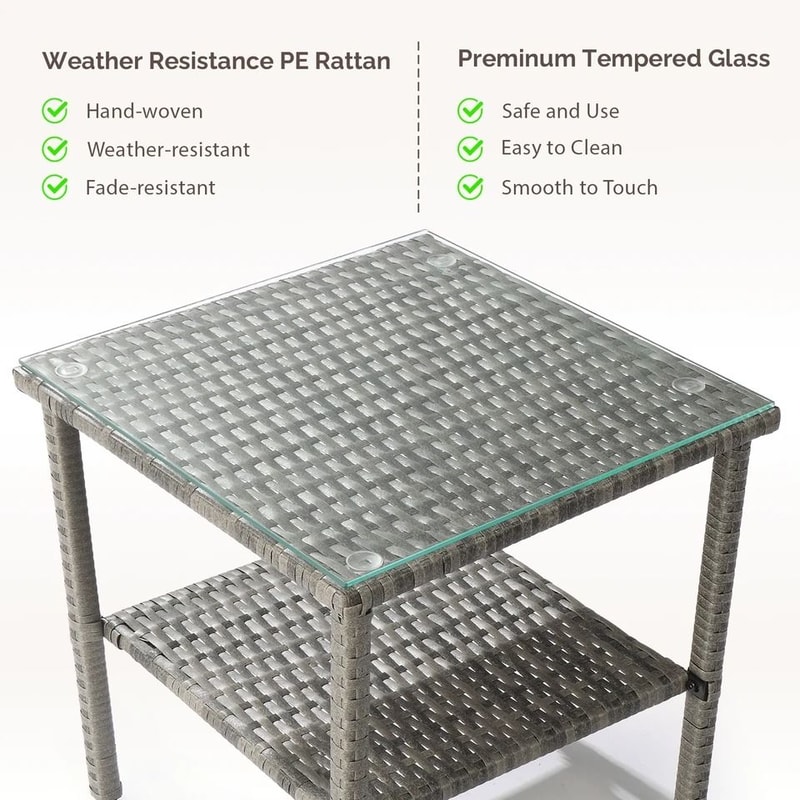 Outdoor Wicker Coffee Table With Glass Top Square Patio End Table For Indoor Outdoor Spaces 3