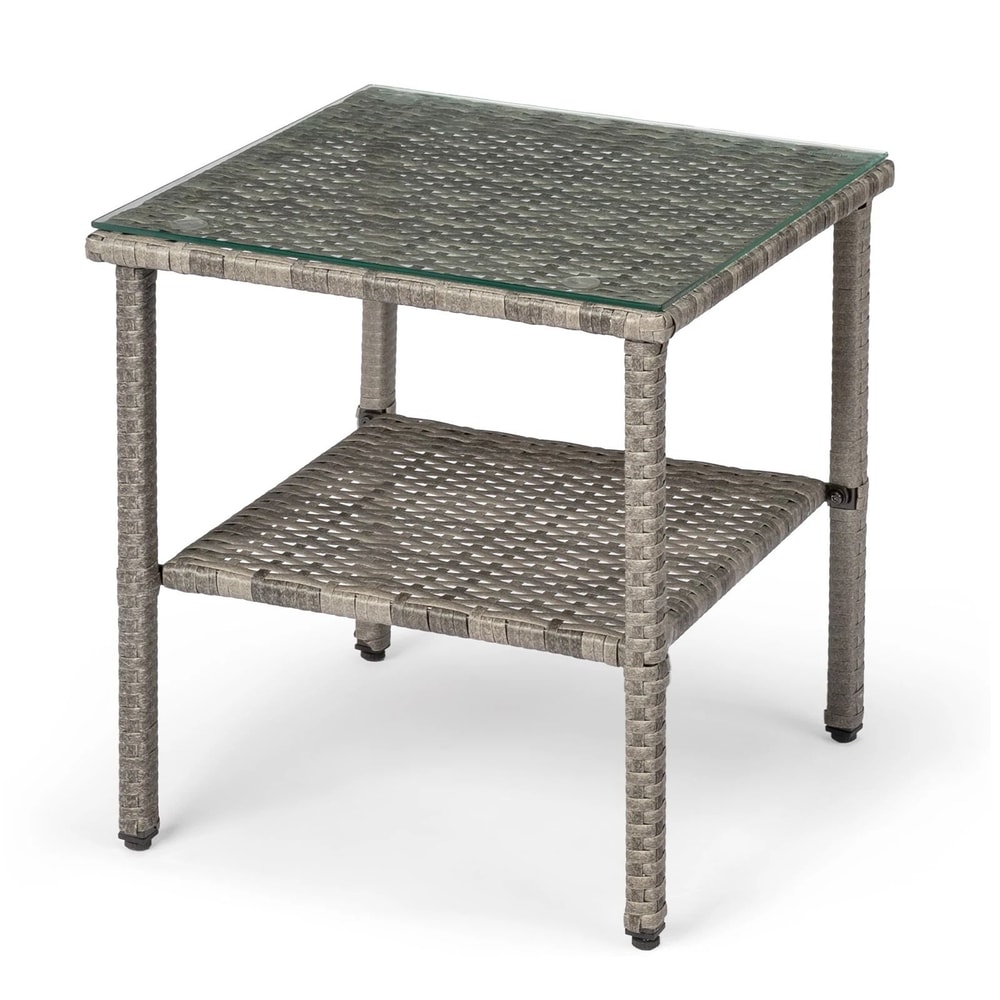Outdoor Wicker Coffee Table With Glass Top Square Patio End Table For Indoor Outdoor Spaces 6