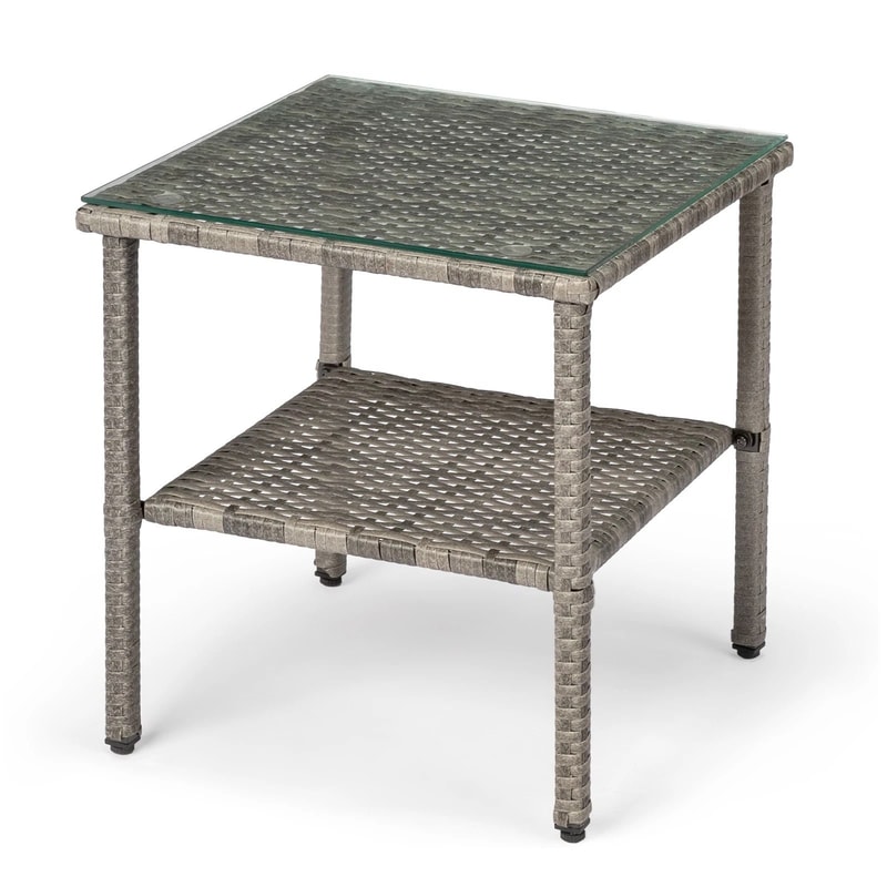 Outdoor Wicker Coffee Table With Glass Top Square Patio End Table For Indoor Outdoor Spaces 6