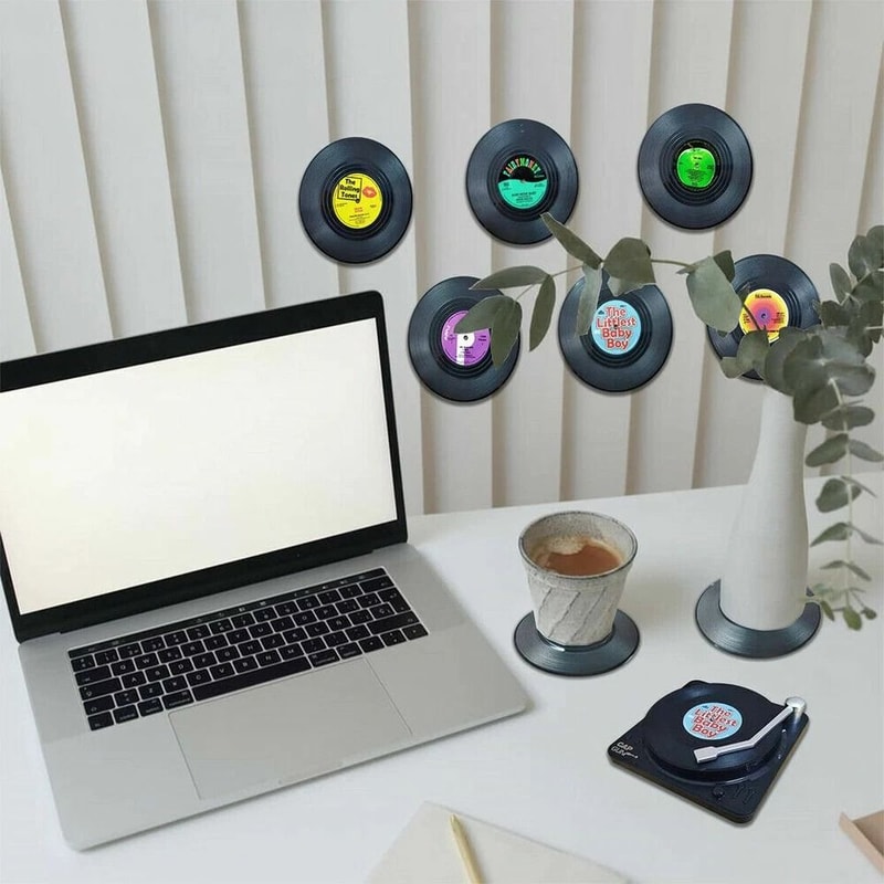 Retro Record Coasters Set Absorbent NonSlip Drink Pad Mat With Holder Perfect For Home Bars And Mu 0