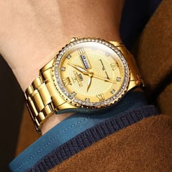 waterproof gold men's watch - classic stainless steel analog business gift