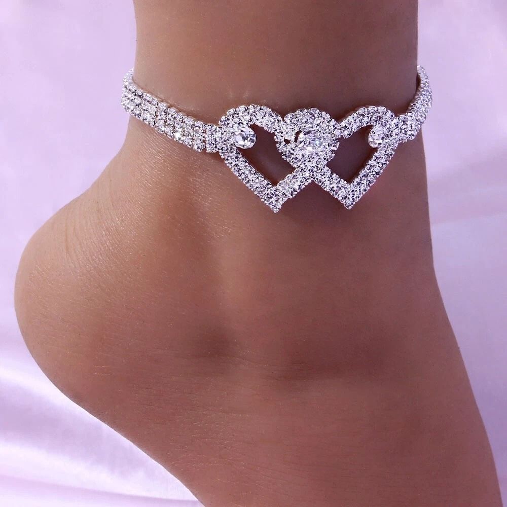 Double Heart Crystal Anklet Elegant Barefoot Chain Bracelet For Women 0
