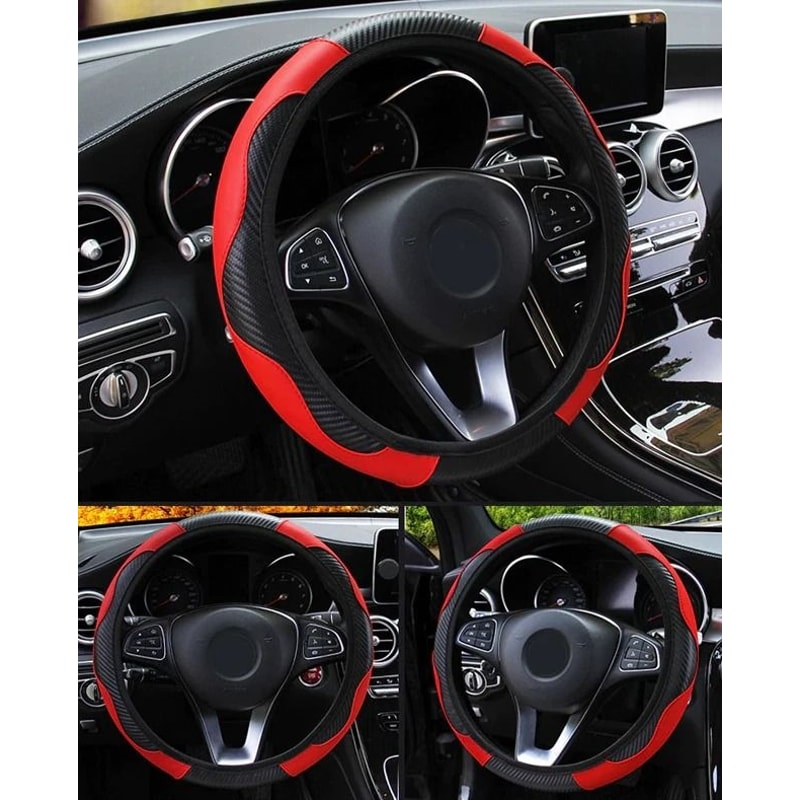 Leather Car Steering Wheel Cover With AntiSlip Grip Carbon Fiber 3