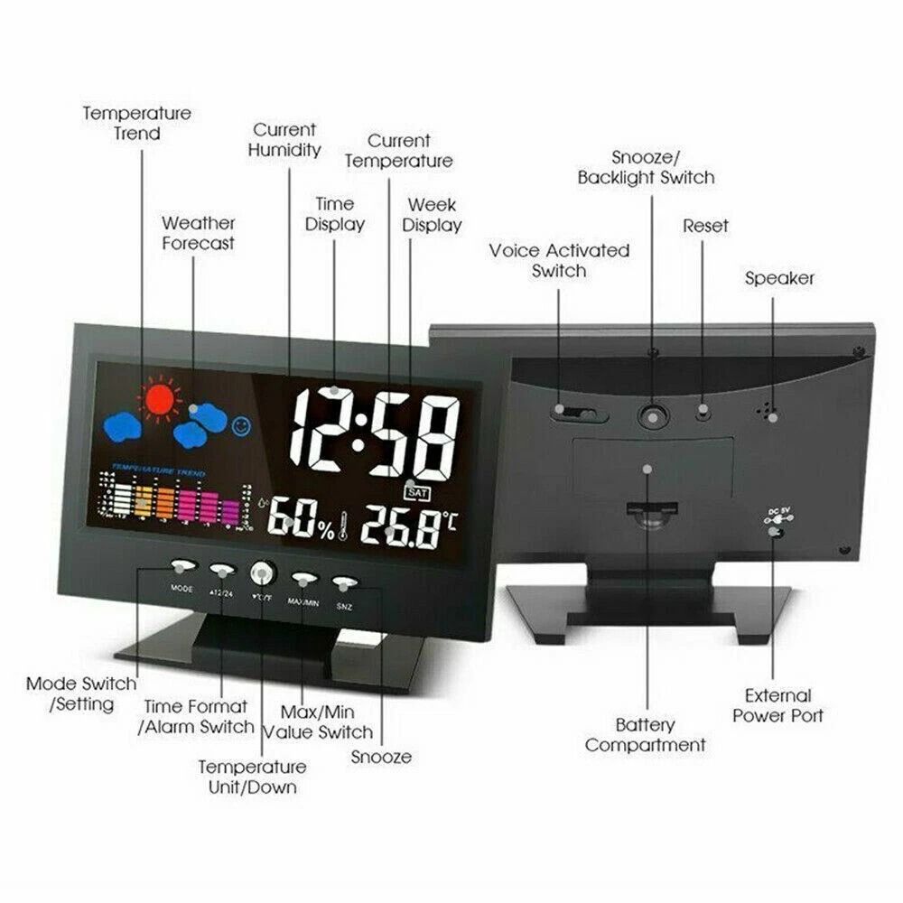 LED Digital Alarm Clock With Snooze Calendar Thermometer Hygrometer Weather Display 12