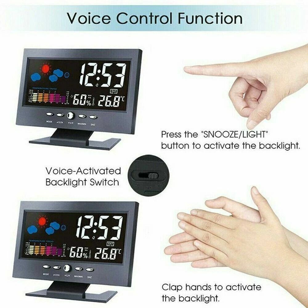 LED Digital Alarm Clock With Snooze Calendar Thermometer Hygrometer Weather Display 7