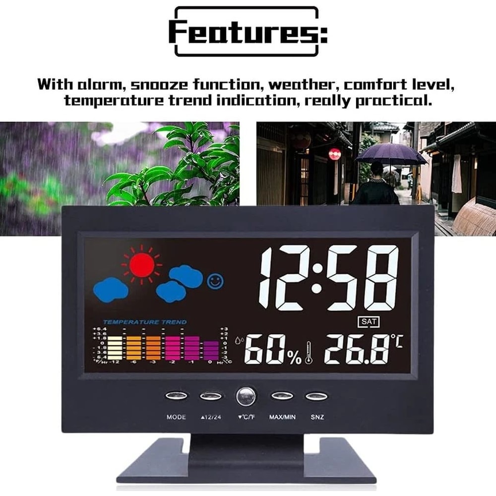 LED Digital Alarm Clock With Snooze Calendar Thermometer Hygrometer Weather Display 9