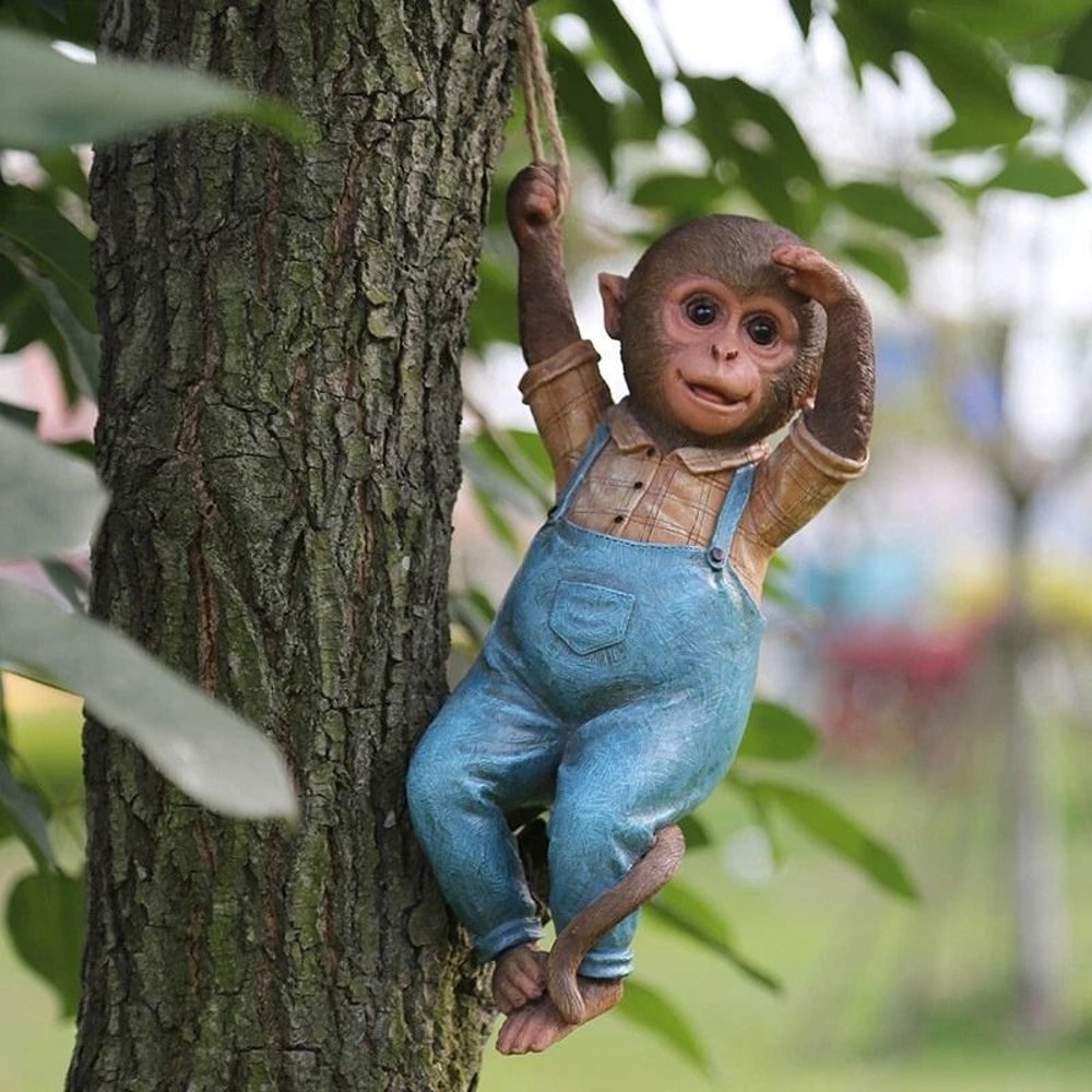 Monkey Chimp Hanging Rope Garden Ornament Outdoor Resin Statue Sculpture For Lawn Patio Decor 1