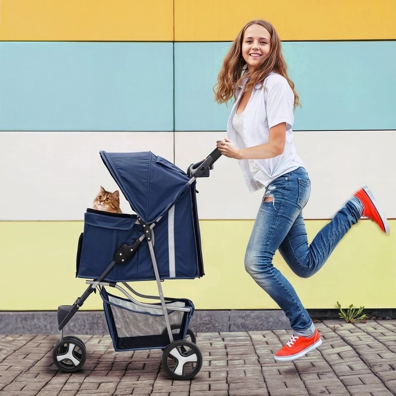 Blue Foldable Pet Stroller For Small Medium Dogs Portable Carrier With Sunshade 11