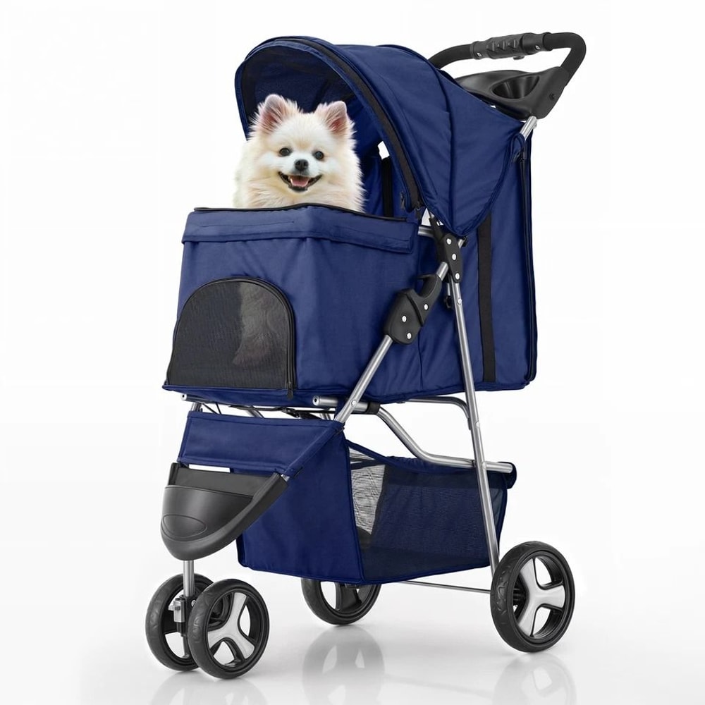 Blue Foldable Pet Stroller For Small Medium Dogs Portable Carrier With Sunshade 8