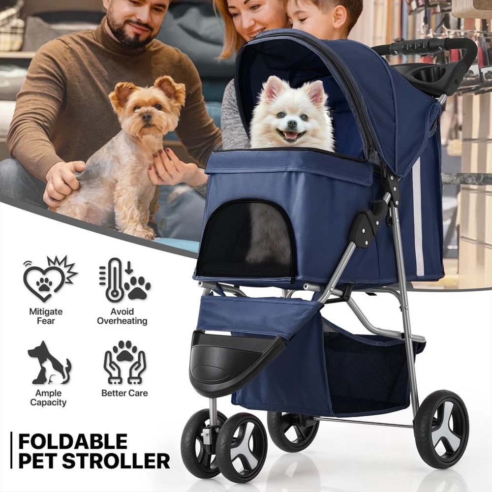 Blue Foldable Pet Stroller For Small Medium Dogs Portable Carrier With Sunshade 12