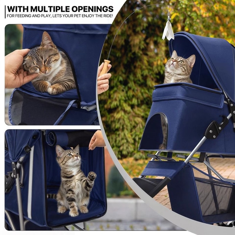 Blue Foldable Pet Stroller For Small Medium Dogs Portable Carrier With Sunshade 3