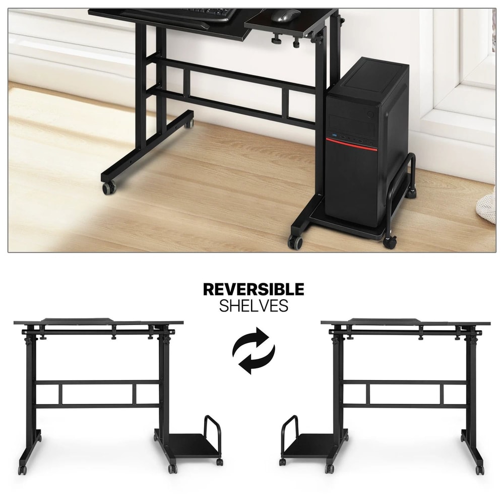 Rolling Adjustable Height Laptop Desk With Mouse Tray And CPU Stand Portable Workstation PC Table 6