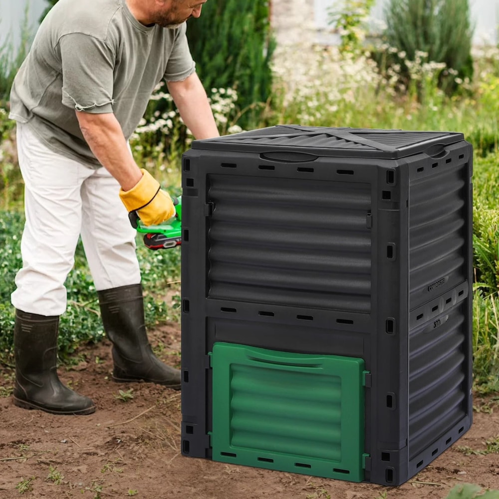 Outdoor Compost Bin Tumbler With Snapon Top Lid Gloves Durable EcoFriendly Composting Solution 0